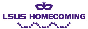 The LSUS Homecoming logo in purple. The LSUS secondary logo is followed by the word &ldquo;homecoming.&rdquo; A mask is above the words, and a string of beads is below.