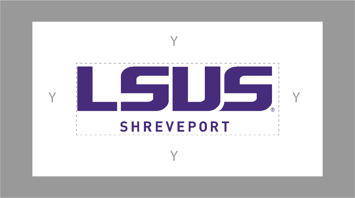 LSUS purple logo immediately surrounded by a dotted rectangle, which is inside of a larger protected area. The width of each side of the protected area is indicated by the variable "y".