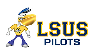The old LSUS Pilots athletic logo with the outdated mascot, Pete the Pelican, to the left of the logo. The logo is in blue and gold.