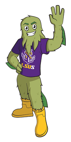 Rev the River monster, a green fuzzy mascot with dark green fins on his arms and legs. He is wearing a purple shirt with the LSUS anchor and athletics logo and yellow boots. He is smiling and waving his right hand.