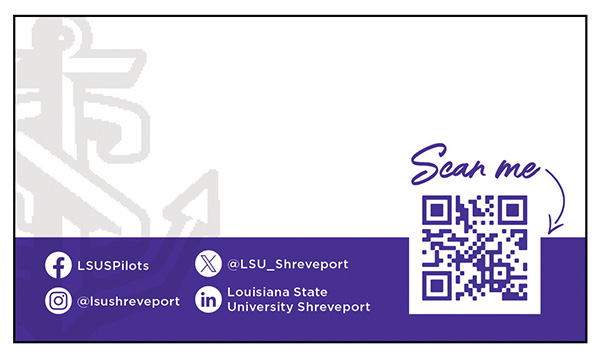 The back of the generic LSUS business card. It lists the LSUS social media handles on Facebook, Instagram, X, and LinkedIn, and a QR code to the website.