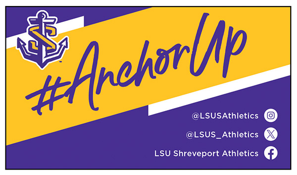 The back of the LSUS athletics business card. It lists the LSUS athletics social media handles on Facebook, Instagram, and X, and the words &ldquo;#AnchorUp.&rdquo;