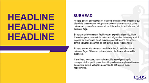 An example of a heading slide for the LSUS presentation template. This example has a gold background on the left side with purple text, a purple LSUS logo in the bottom right corner, and an anchor icon in the background.