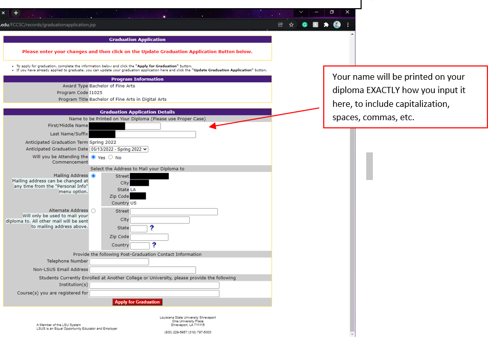 mylsus interface instructions for graduation 2